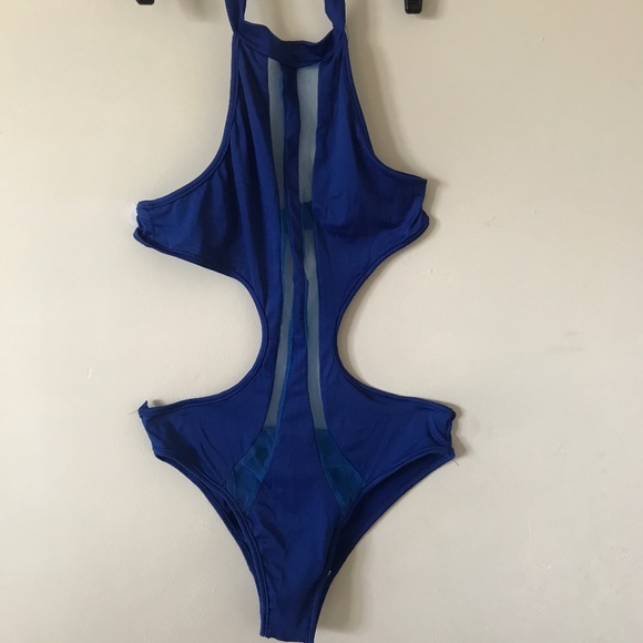 Other - NWOT Blue Cut Out Halter Neckline Swimsuit w/Sheer inserts. Small